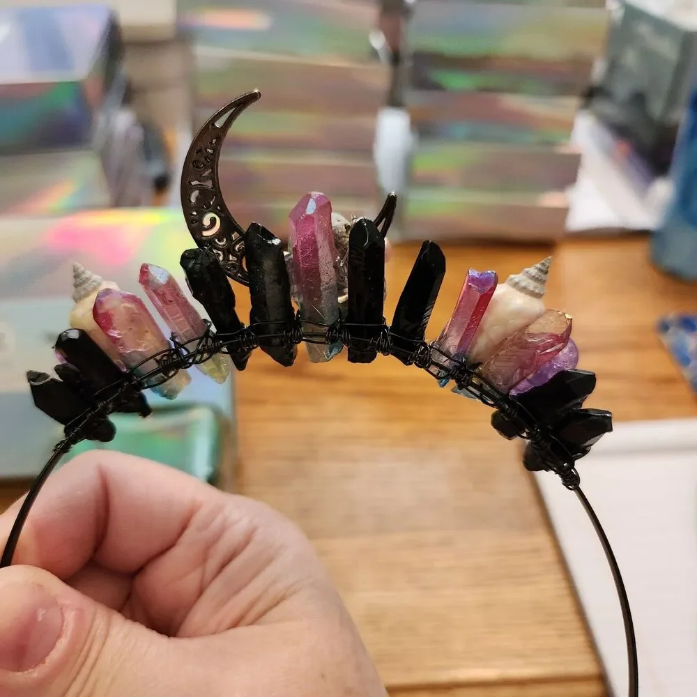 Siren Crown Pink/Blue & Black Crystal Quartz with Stone, Shell, Pearls, Moon!